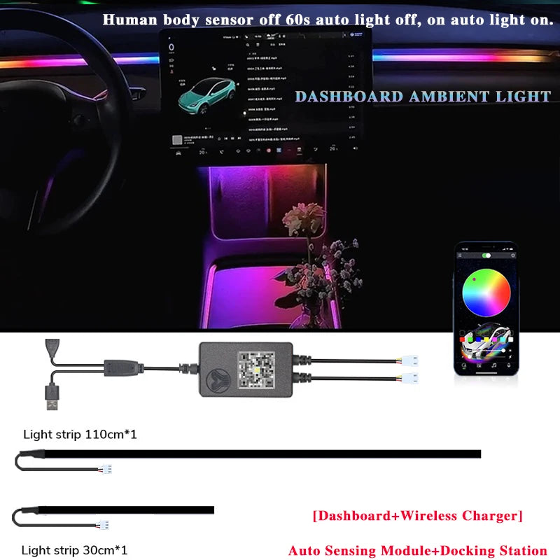 For Tesla Model 3/Y 2 IN 1 Dynamic Neon RGB Car LED Ambient Lighting 60s Automatic OFF Module Dashboard Lighting Decorative Lamp