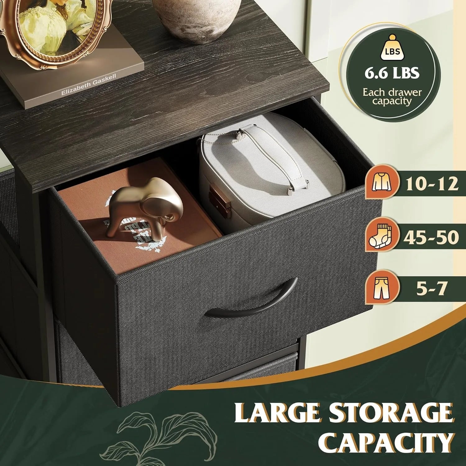Fabric Dresser, 5-Drawer Tall Dresser for Bedroom, Storage Dresser Organizer with Fabric Bins, Wood Top, Sturdy Steel Frame