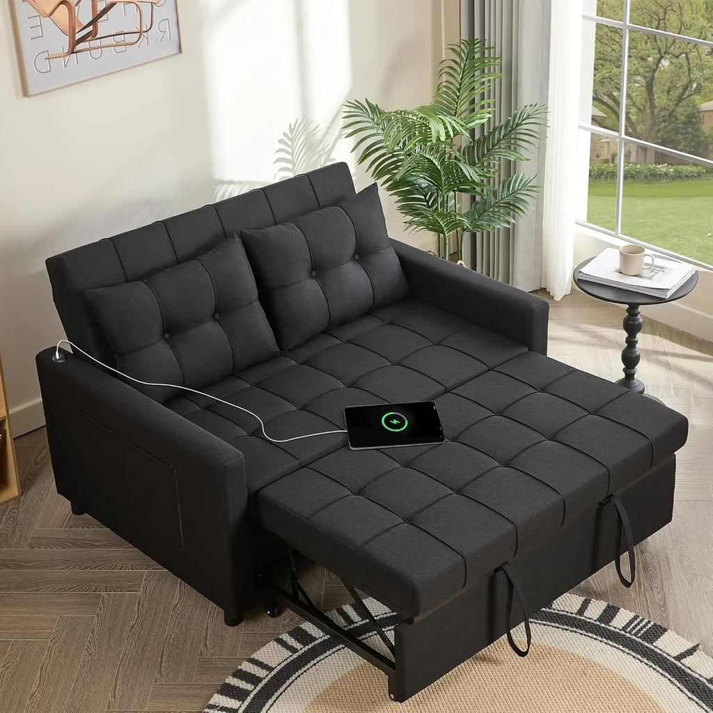 52" Sleeper Sofa with Pull-Out Bed, 3-in-1 Convertible Sofa Bed, Loveseat with Stepless Adjustable Backrest and Side Pocket