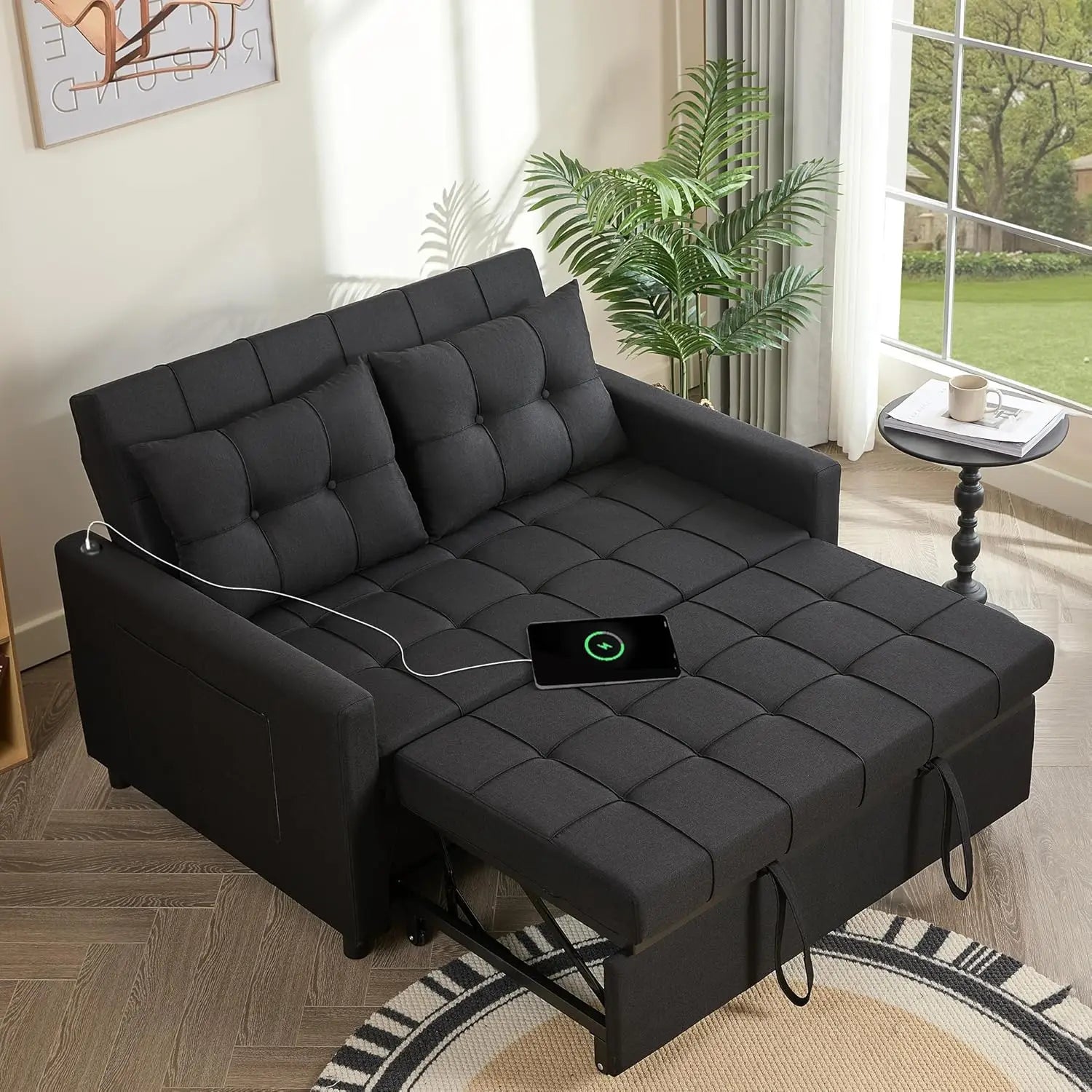 52" Sleeper Sofa with Pull-Out Bed, 3-in-1 Convertible Sofa Bed, Loveseat with Stepless Adjustable Backrest and Side Pocket