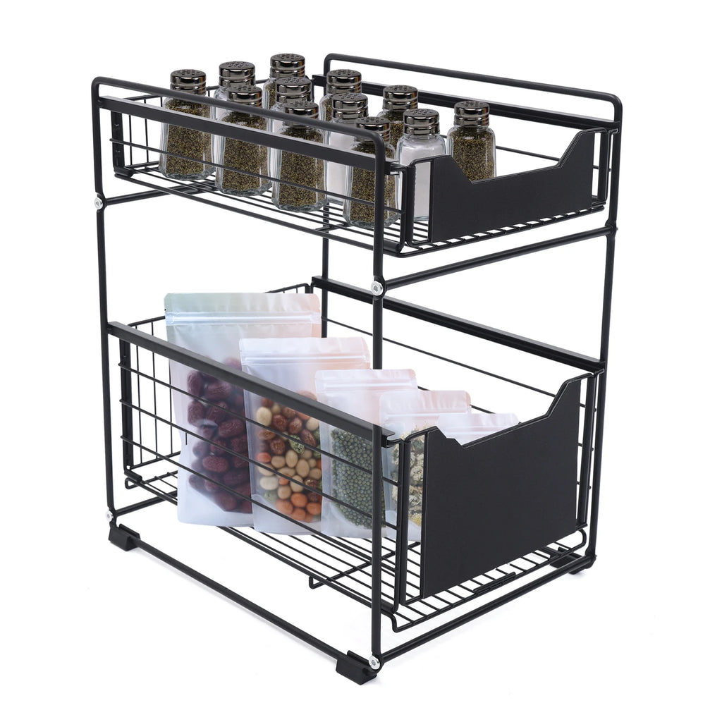 Double-Layer Large Storage Rack Space Saving Rack Organizer Hidden Push-Pull Drawers for Sink Countertops Corners