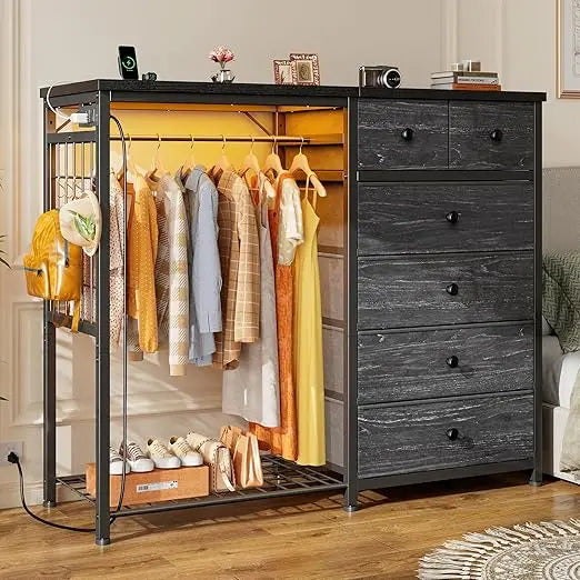 49.2" W Dresser for Bedroom with Hanging Rack 6 Drawers Dresser with LED Lights & Charging Station, Fabric Dressers & Chest of D
