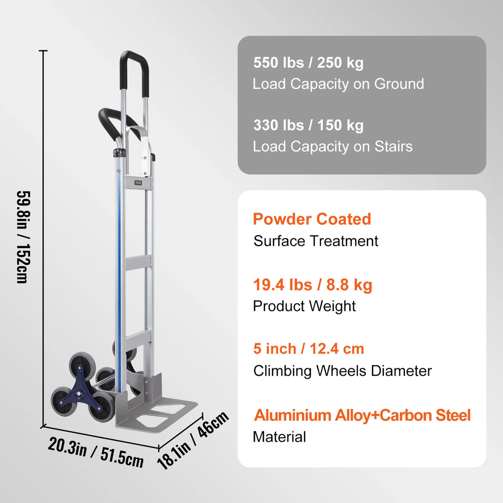 VEVOR 550/375/220lbs Stair Climbing Cart Folding Trolley Heavy Duty with Dual Handles Truck Frame for Warehouse Shopping Airport