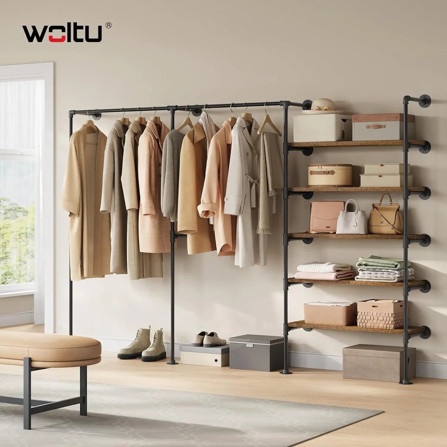 WOLTU Wall Mounted Open Wardrobe with 1&5 MDF Shelves Steel Tube Clothes Rail Industrial Style Coat Rack for Cloakroom Bedroom