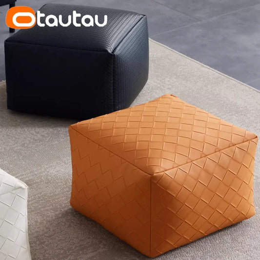 OTAUTAU Faux Leather Square Plaid Pouf Ottoman Stool Door Side Footrest Footstool Floor Seat Beanbag Futon with Filler JD012