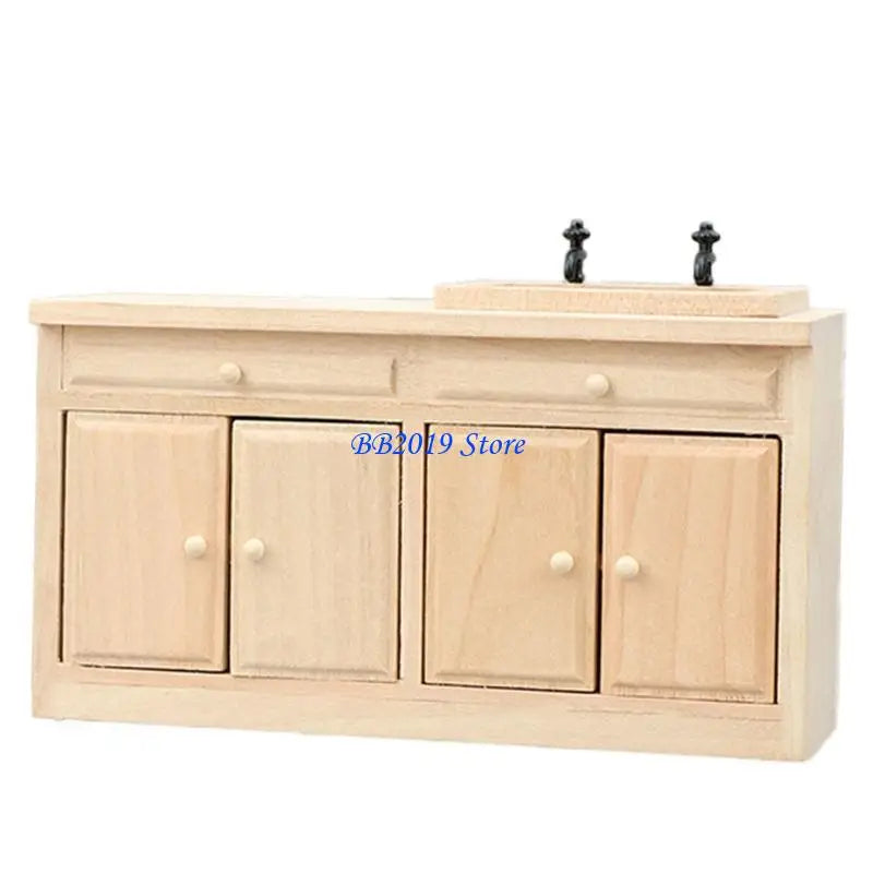 Q0KB Miniature Wooden Kitchen Sink Cabinet 1/12 Dollhouses Craft Project Scene Decors