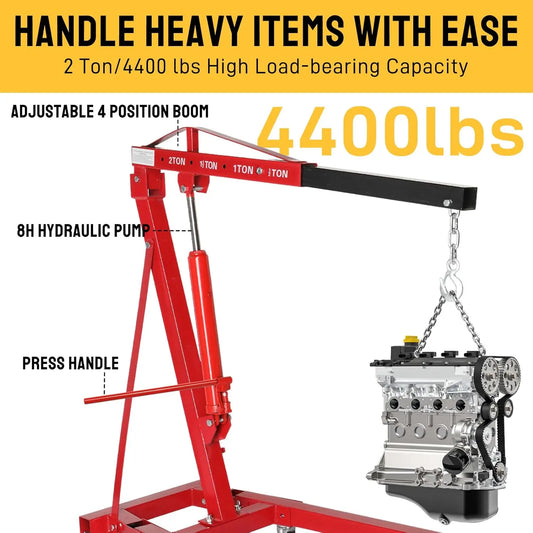 Engine Hoist 2 TON Folding Hydraulic Engine Motor Hoist Cherry Picker Shop Cranes Lift Red Shop Crane 4000 lb Heavy-Duty Engine