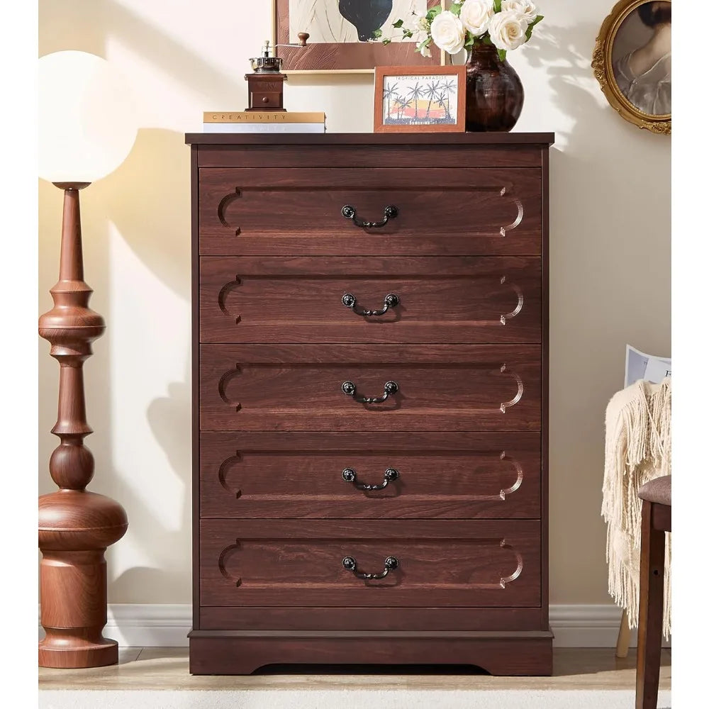 5 Drawer Dresser for Bedroom Farmhouse Cherry Wood Chest of Drawers for Bedroom Dresser, Rustic 46" Tall Wide Drawers Dressers