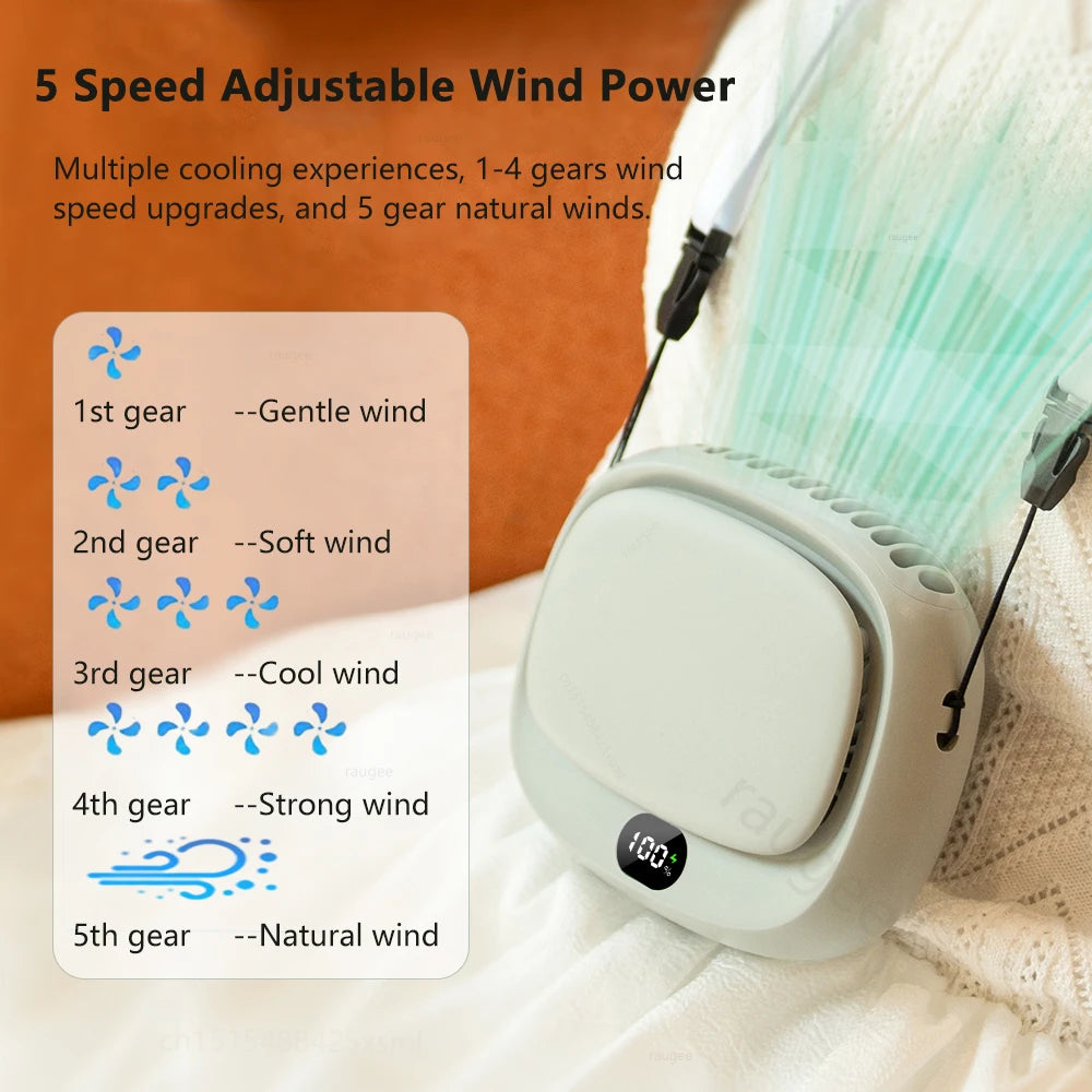 Portable Waist Clip Fan Rechargeable Mini Hanging Neck Fan 5 Speed Adj