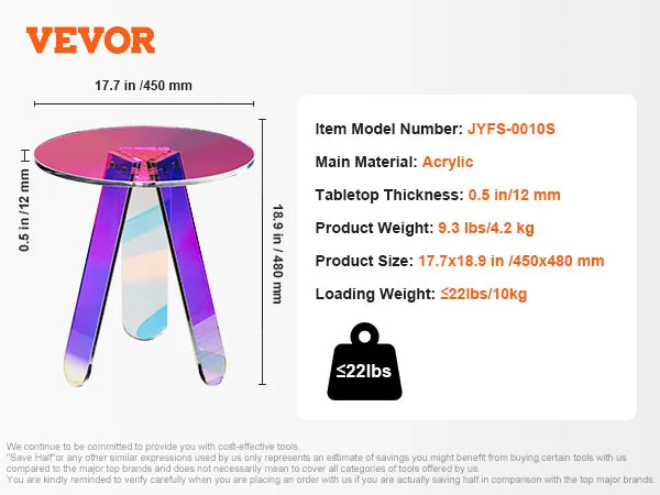 VEVOR Round Iridescent Side Table Acrylic End Table Clear Rainbow Acrylic Coffee Table for Food Book Used in Living Room Bedroom