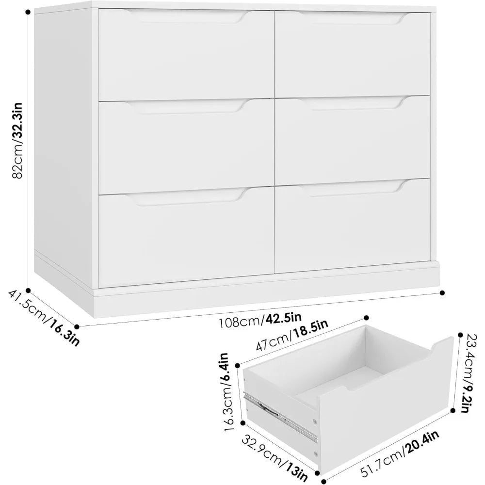 Modern 6 Drawer Dresser for Bedroom, Double Chest of Drawers with Storage, Large Wooden Storage Dresser Organizer with Cut-Out