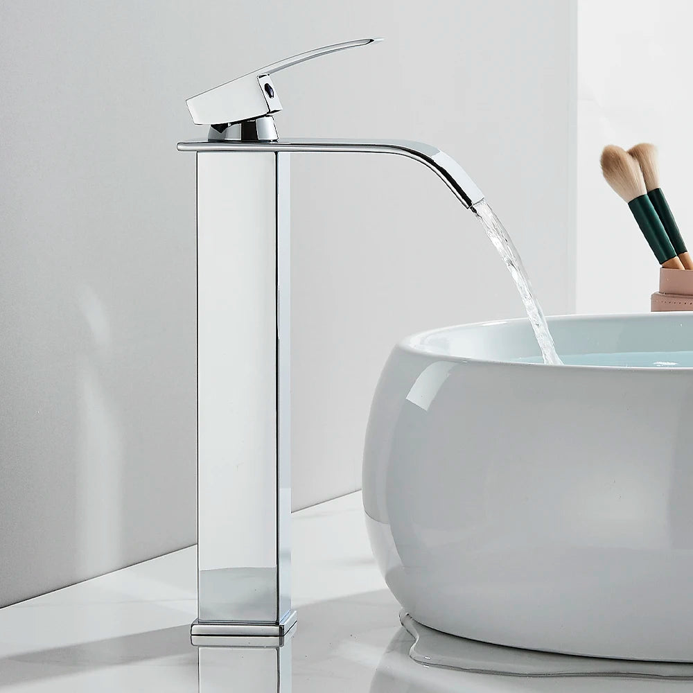 Chrome Bathroom Basin Faucet Waterfall Faucet Single Handle Wide Spout High Style Hot Cold Water Tap  for Bathroom