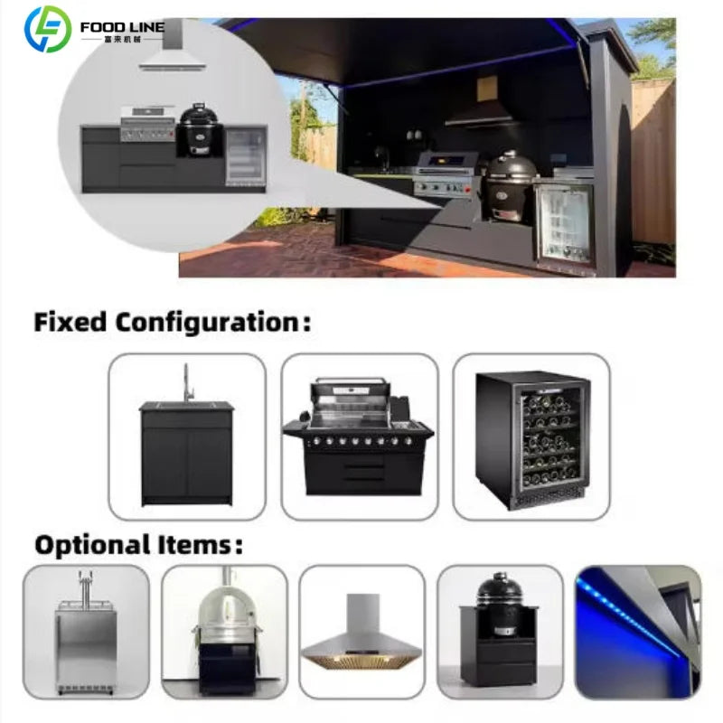 Outdoor Kitchen Portable Unit 8 Burner BBQ Grill 58L Fridge Sink Backsplash Acrylic Finish Drawer Slide Hinge Locking Customized