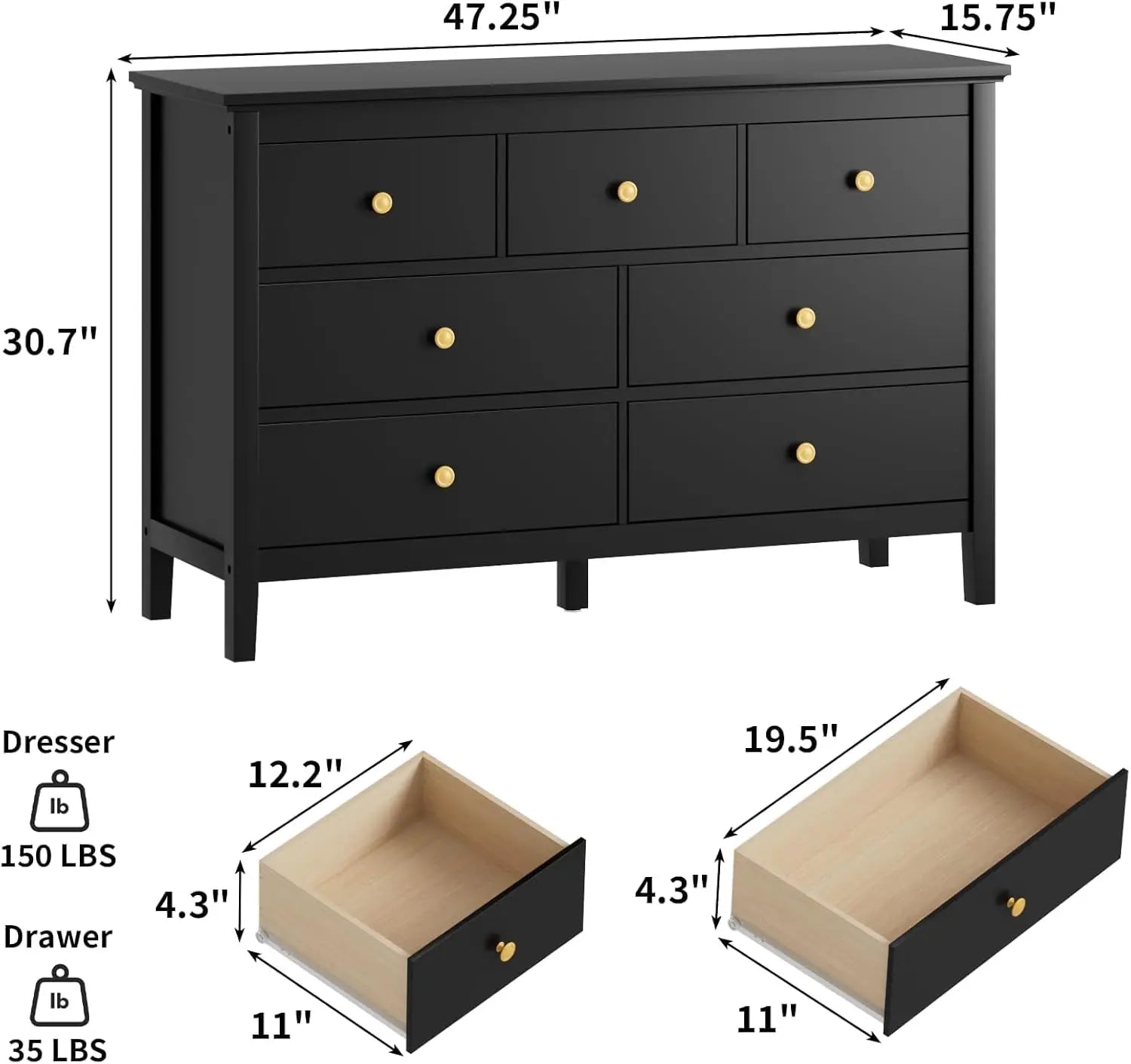 7 Drawers Dresser for Bedroom, Black Dressers & Chests of Drawers with Gold Handles and 7 Large Drawer, Wooden Storage Cabinet