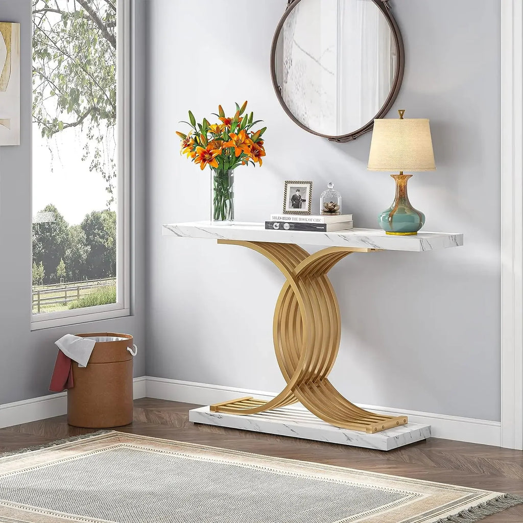 Tribesigns Gold Entryway Table, Modern 39-Inch Console Faux Marble Narrow Wood Sofa with Geometric Metal Legs