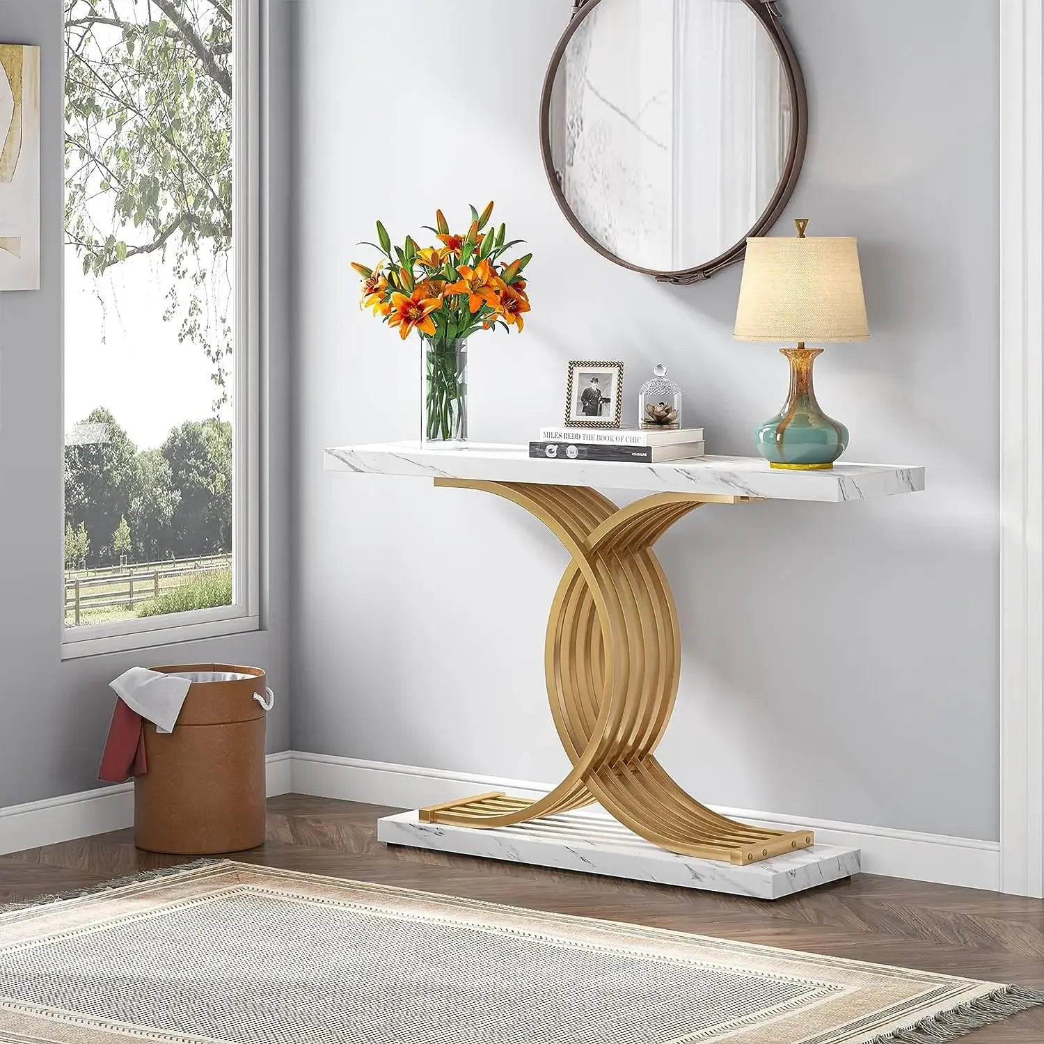 Tribesigns Gold Entryway Table, Modern 39-Inch Console Faux Marble Narrow Wood Sofa with Geometric Metal Legs