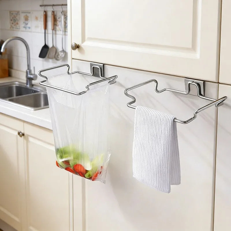 Stainless Steel Kitchen Garbage Bag Rack Cabinet Door Wardrobe Kitchen Rubbish Storage Bag Hook Closet Door Garbage Bag Rack