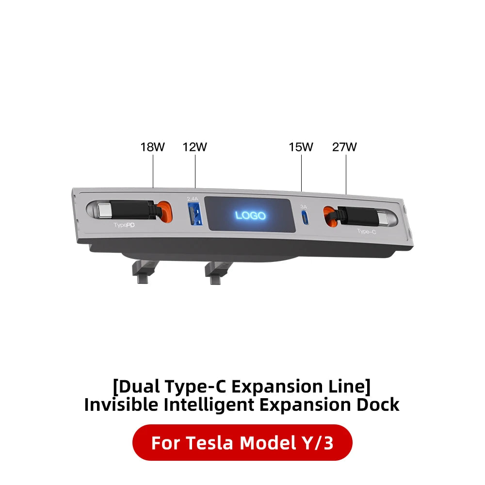 For Tesla Model 3 Model Y 27W Quick Charger USB Shunt HUB Intelligent Docking Station Car Adapter Powered Splitter Extension