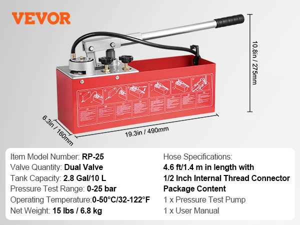 VEVOR Hydrostatic Test Pump Max 25bar Single/Dual Valve 1.4/2.8 Gal Tank Hydraulic Manual Water Pressure Tester Kit for Pipeline