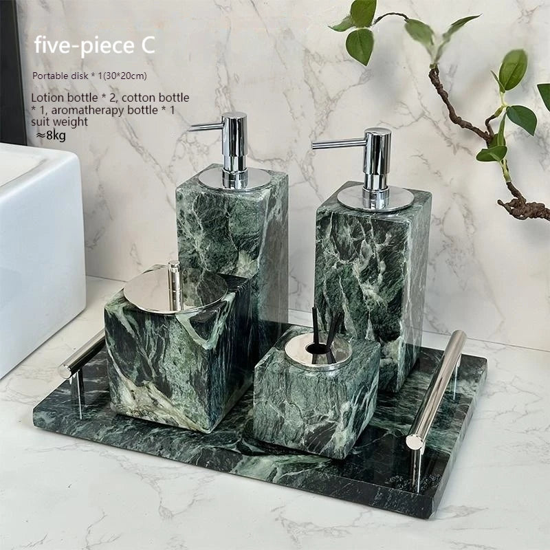 Luxury Marble Bath Set: Shampoo Bottles, Tray & Canister Organizer, Natural Stone Accessories for Home & Hotel Bathroom Decor