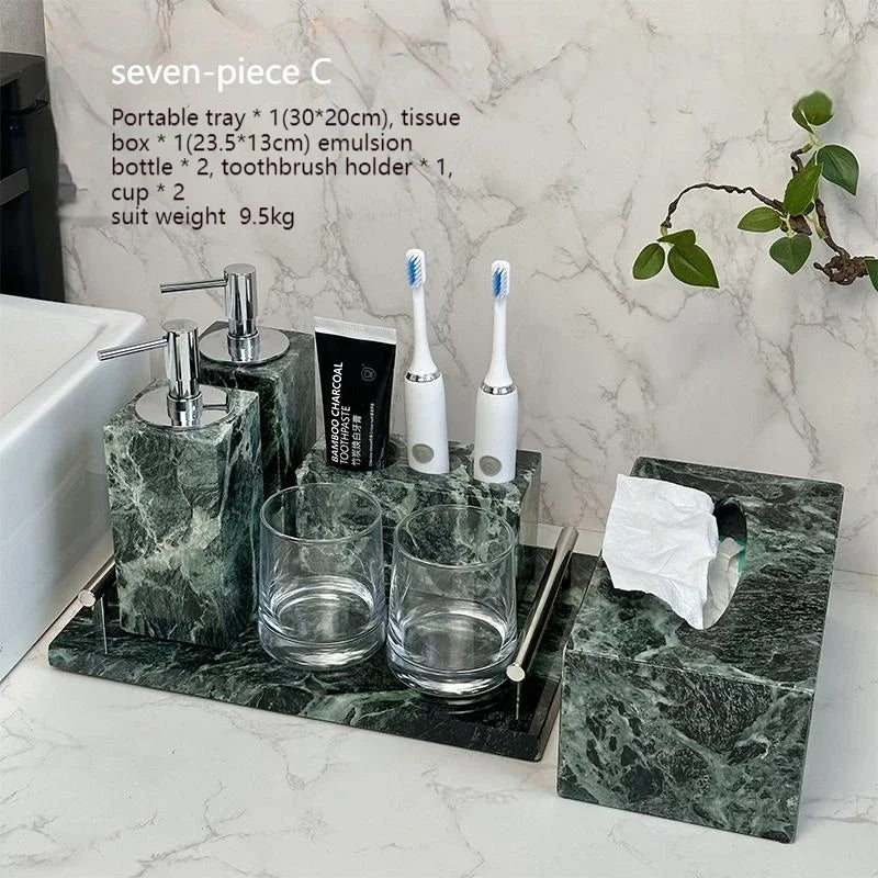 Luxury Marble Bath Set: Shampoo Bottles, Tray & Canister Organizer, Natural Stone Accessories for Home & Hotel Bathroom Decor