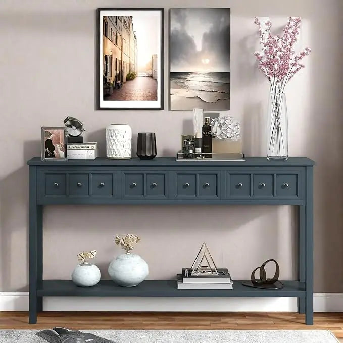 Merax Long Farmhouse Entryway Table with Storage Drawers and Bottom Shelf, Sofa Console Table for Living Room Hallway, Navy Blue