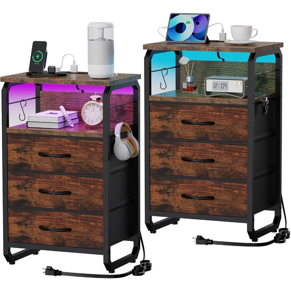 Bed Side Table with 3 Fabric Drawers,  LED Nightstand with Hooks, Bedside Table with Charging Station, End Table with Storage
