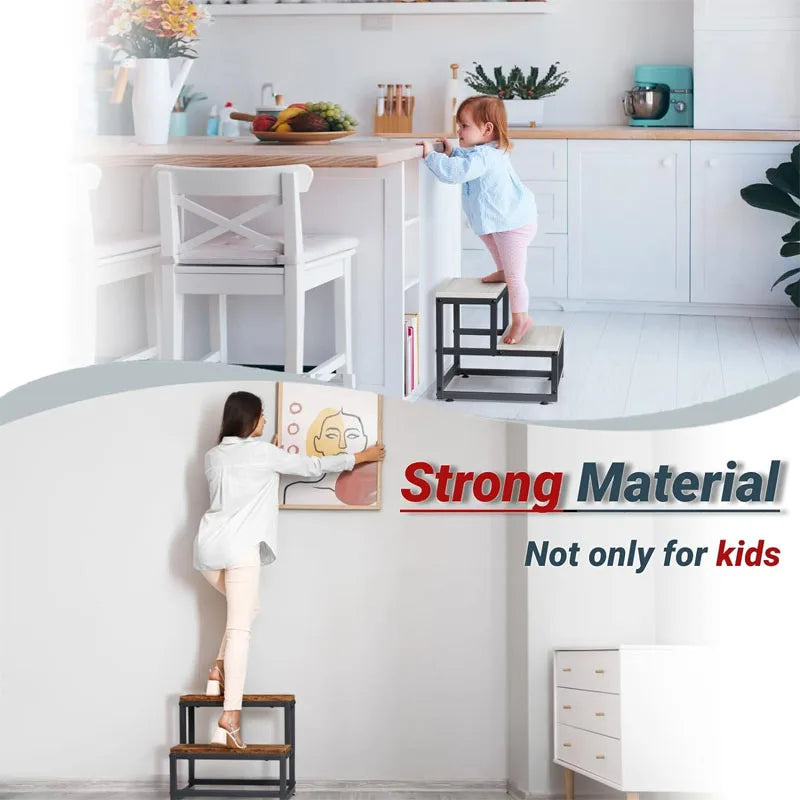 2-Step Stool for Adults & Kids, Heavy-Duty Steel & Wooden, Supports 500lbs, Ideal for Kitchen, Bedroom, Bathroom