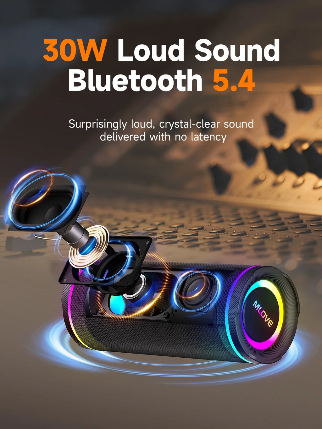 MLOVE E80 Bluetooth Speaker, Bluetooth 5.4, Dual Speakers, RGB Lights, IPX7 Waterproof, TWS Connectivity