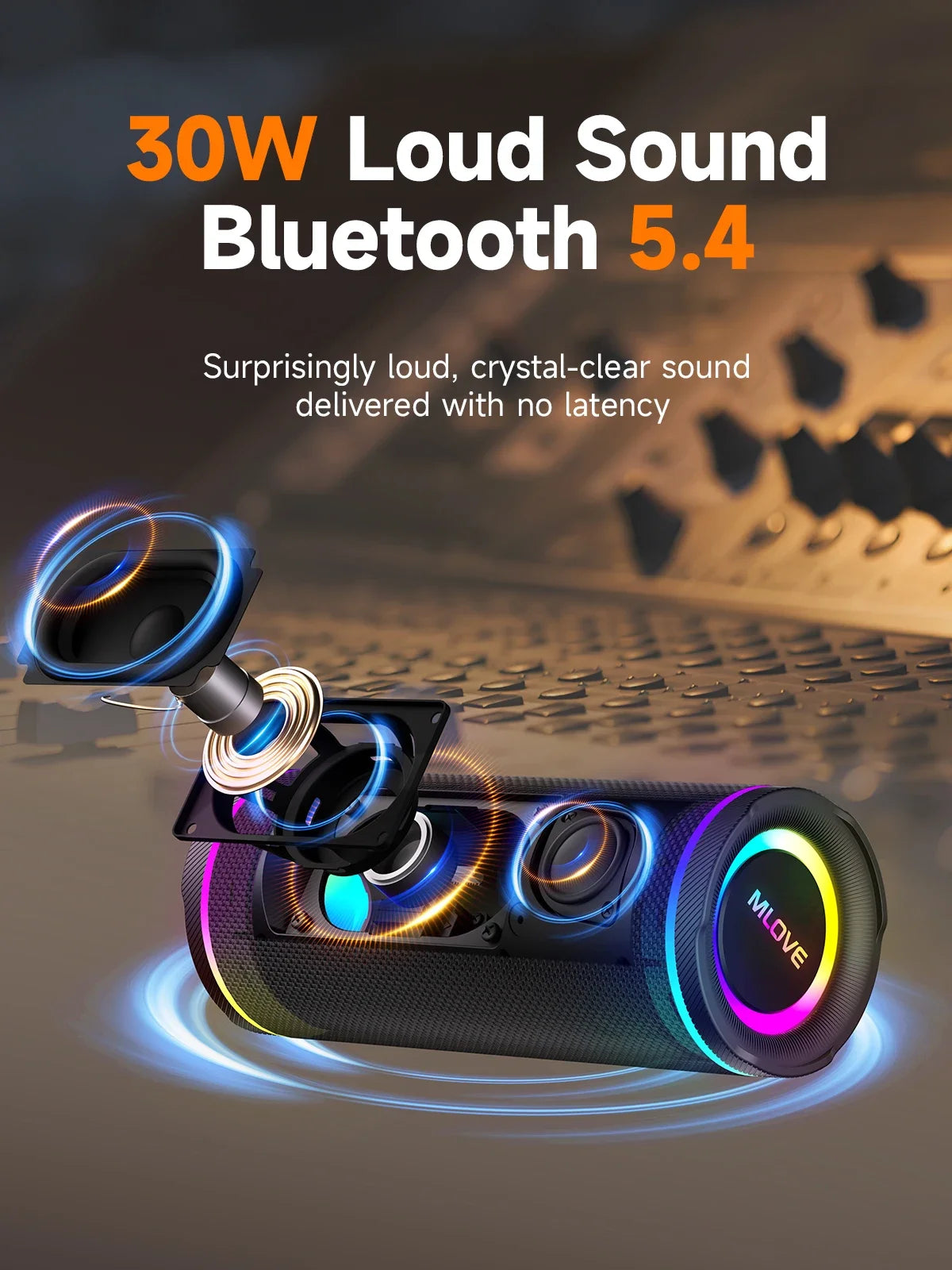 MLOVE E80 Bluetooth Speaker, Bluetooth 5.4, Dual Speakers, RGB Lights, IPX7 Waterproof, TWS Connectivity