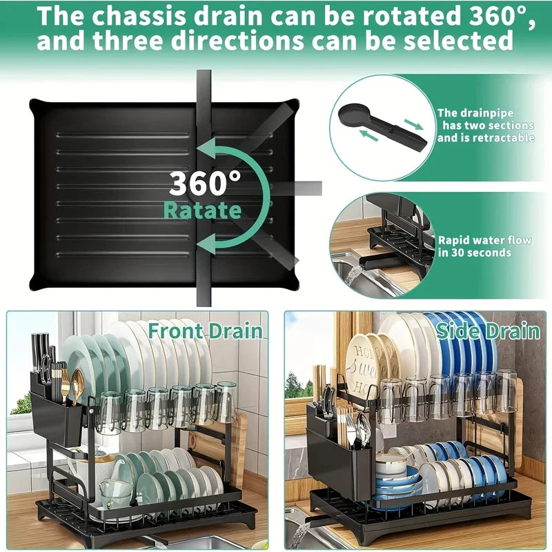2-Tier Kitchen Shelf Dish Rack – Metal Dish Drainer with Drip Tray, Multifunctional Bowl &Chopsticks Storage Rack for Countertop