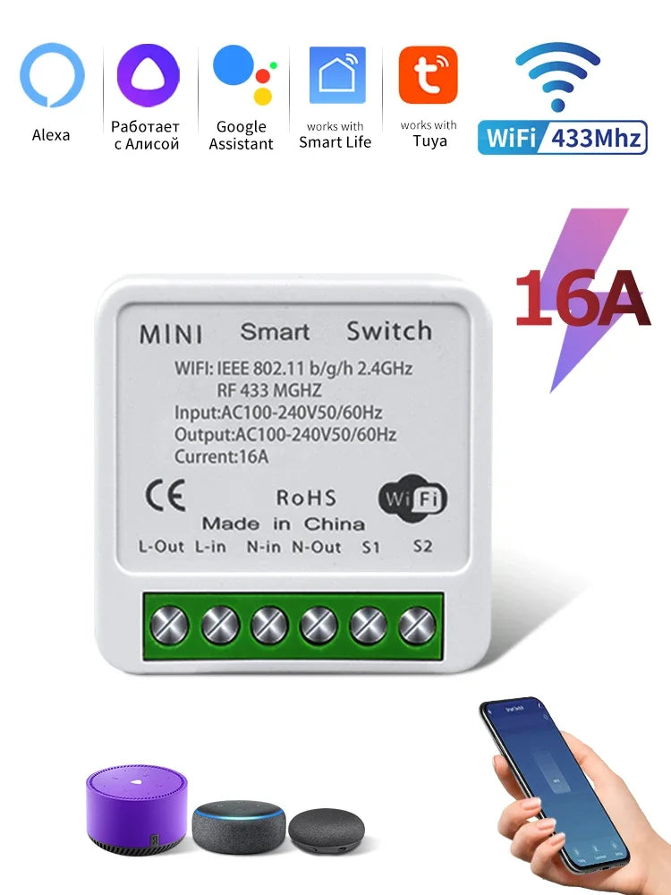 Tuya WiFi Smart Switch 16A 20A 100-240V Relay Controller RF433Mhz Wireless Remote Control Mini Round Panel Switch For LED Lamp