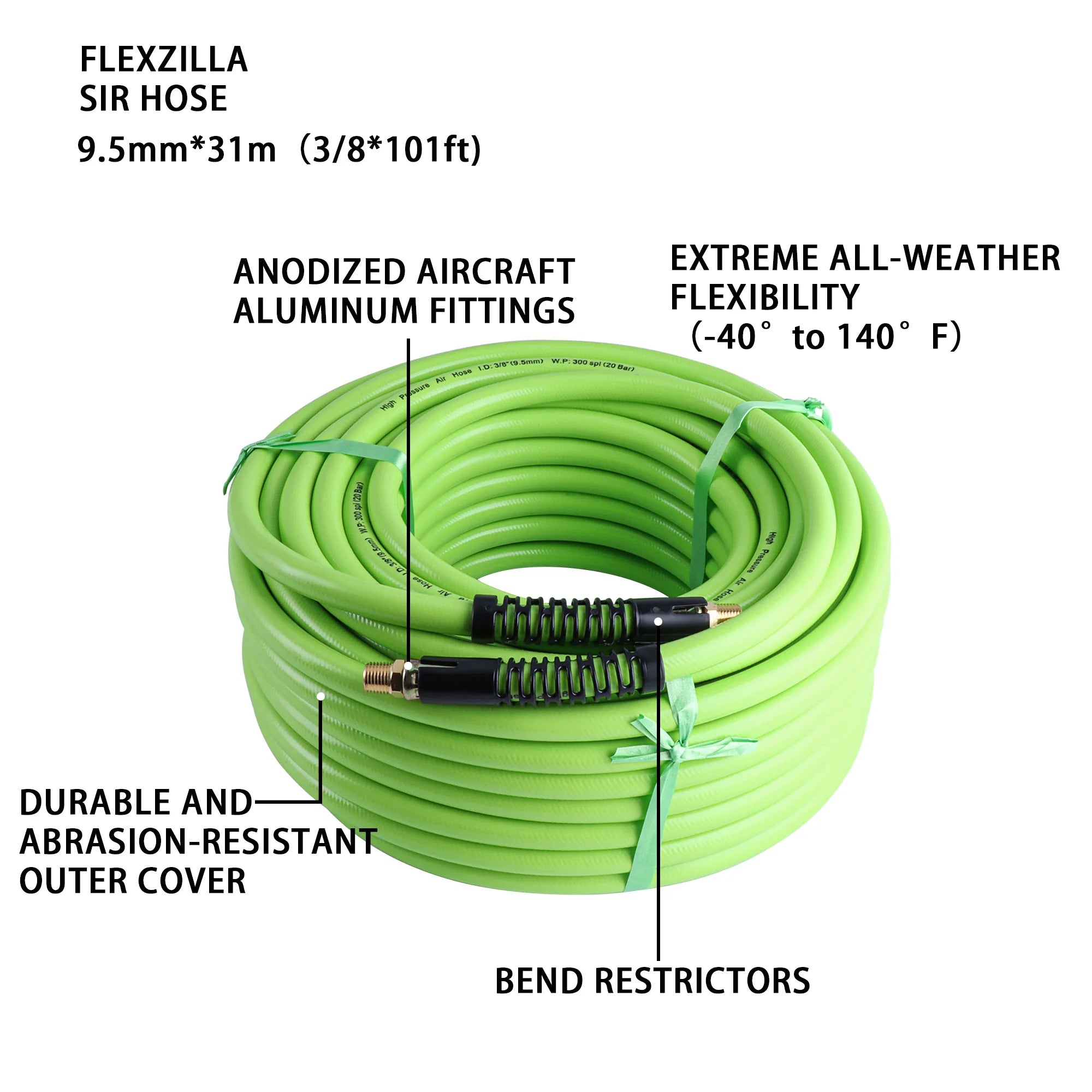 Air Hose 3/8" Heavy Duty Lightweight Kink Resistant Flexible Compressor Tough Pro Air Hose Working Pressure 300 PSI