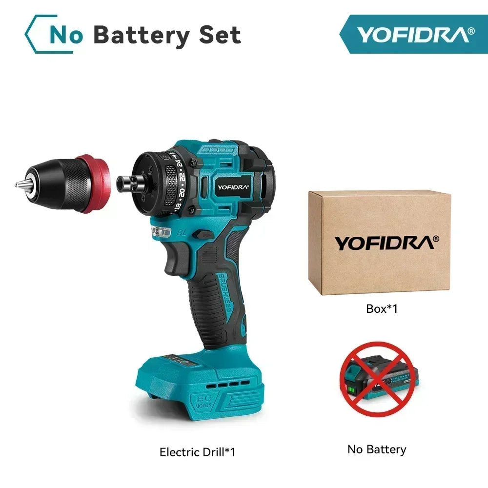 YOFIDRA 2 in1 Brushless Electric Screwdriver Hammer Cordless Drill Impact Multifunctional Power Tool For Makita 18V Battery Pin