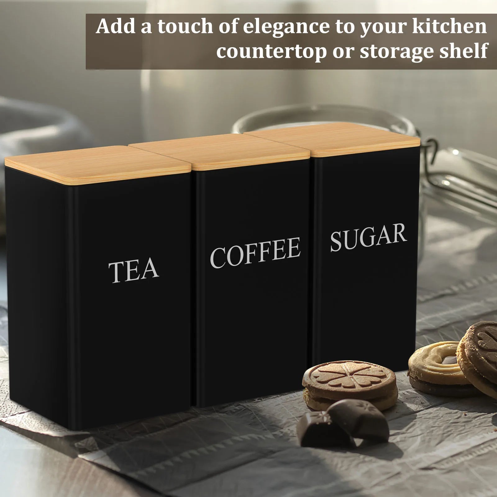 Kitchen Canister Set Coffee Sugar and Tea Storage Container Jars Metal with Bamboo Lid Square Black Snack Jars Kitchen 1000 ML