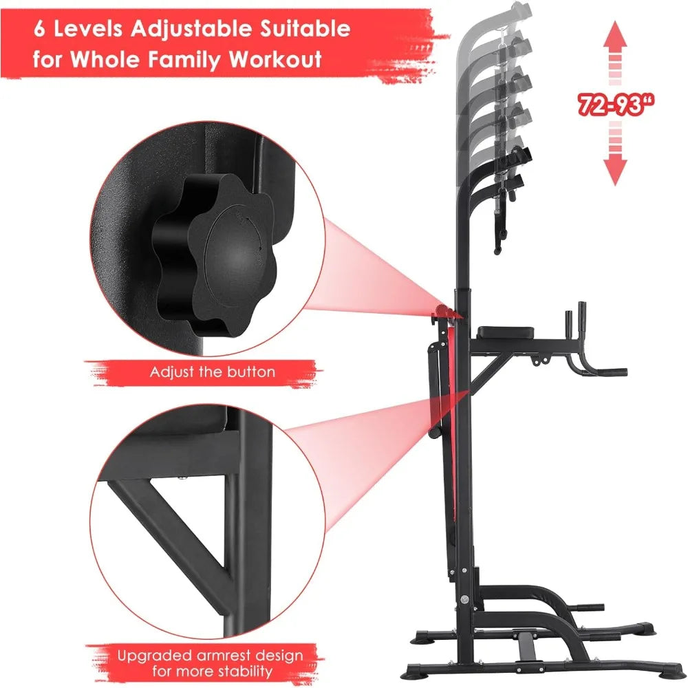 Power Tower with Bench, Pull Up Bar Stand, Dip Bar w/Folding Bench 4 Ropes Strength Training, Multi-Function - HOME