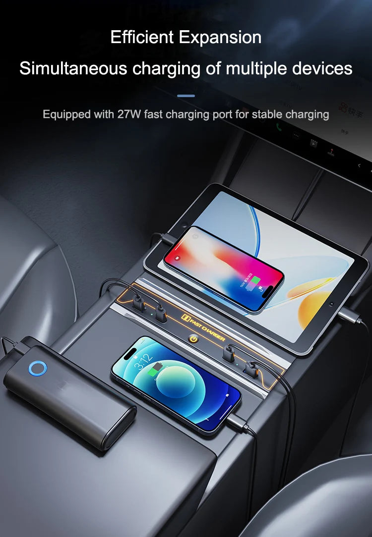 For Tesla Model 3 Highland 2024 Car USB Hub 4-Port 27w Fast Charger Smart Docking Station Adapter Power Shunt Splitter Extension