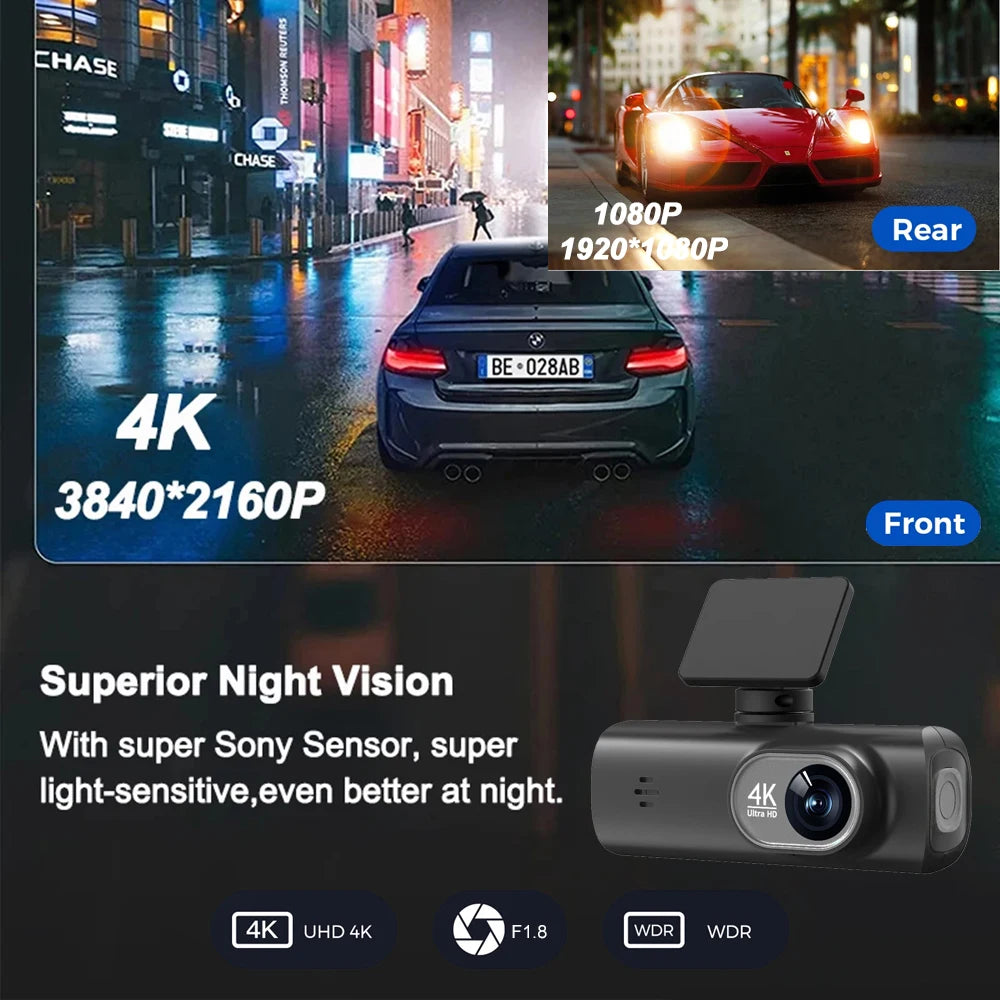 UHD 4K Dash Cam Dual Lens Driving Recorder Car DVR 1080P Rear Lens Cam