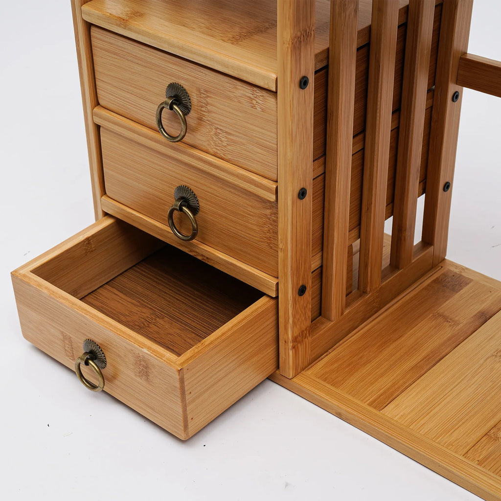 Bamboo Desktop Bookshelf with 3 Drawers, Desktop Storage Cabinet, Office Storage Organizer Student Desktop Multi-Layer Shelf