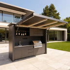 Customized luxury villa outdoor kitchen modular cabinets with barbecue gas stove and electric telescopic storage shed