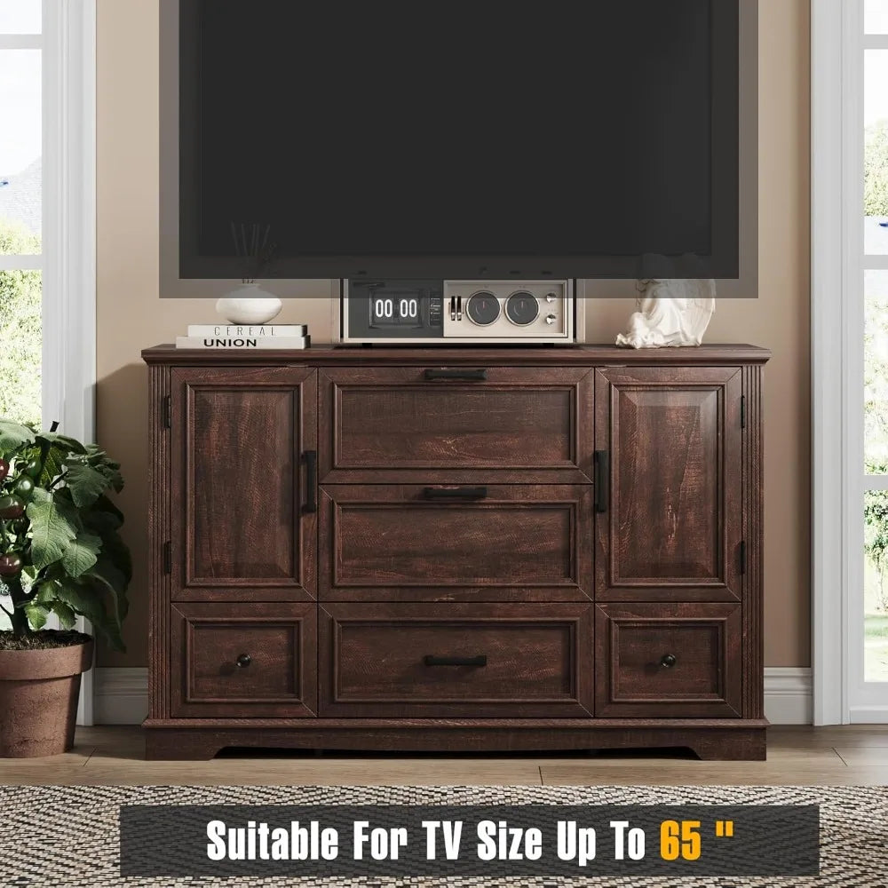 Farmhouse 48" Buffet Cabinet with Storage,Coffee Bar for Kitchen,Living Room,Wood Rustic Sideboard Cabinet w/5 Drawers&2 Groove