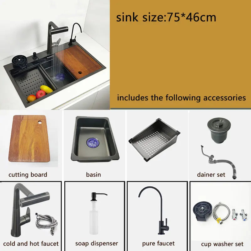 kitchen sink waterfall faucet honeycomb anti-scratch nano technology left drain Stainless Steel sinks 4 function kitchen faucet