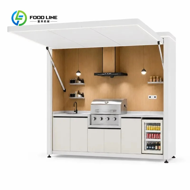 Customized Modular Aluminum Alloy Outdoor Kitchen Shed with Weatherproof Stainless Countertop Sink Modern Design Remote Control