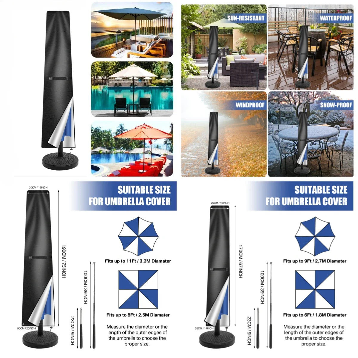 Waterproof Parasol Cover with Rod Cantilever Parasol Protective Cover Snowproof UV-Anti Wind/Weatherproof Umbrella Covers