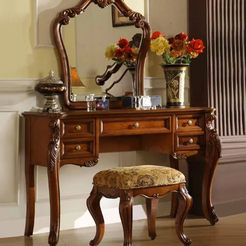 Salon Aesthetic Vanity Table Wood Large Brown Luxury Organizer Dresser Bedroom Drawer Beauty Makeup Penteadeira Trendy Furniture
