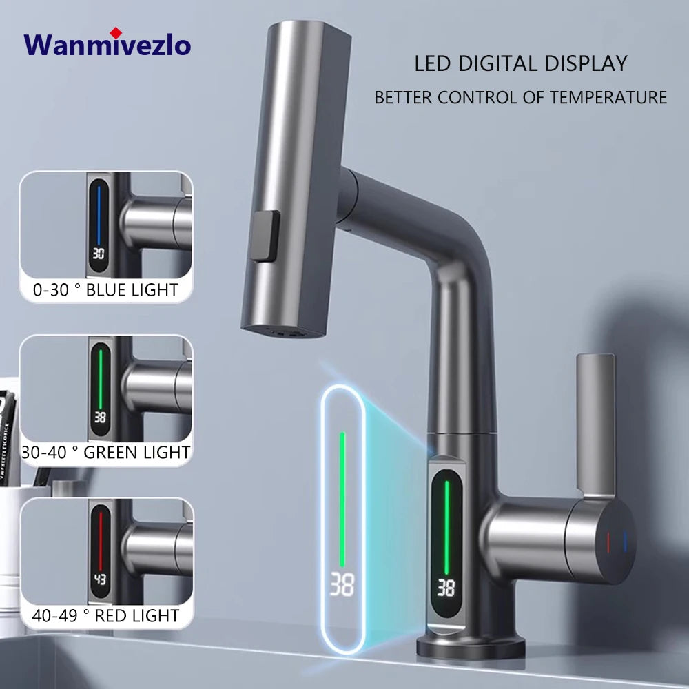 Gun Grey Intelligent Digital Display Waterfall Pull Out Kitchen Faucet Cold Hot Mixer Taps Rotatable Sink Lifting Basin Faucet