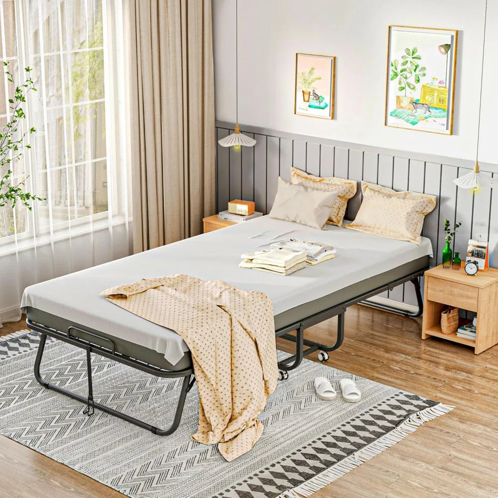 Folding Bed with 5 Inch Mattress, 75” x 38” Portable Rollaway Bed with Memory Mattress and Metal Frame for Adults,Guest