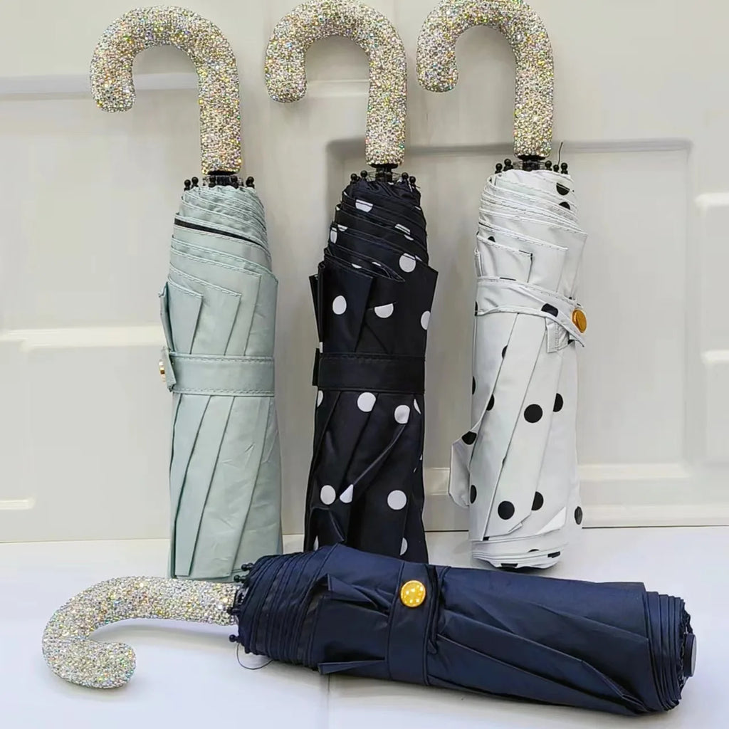 Bling Rhinestones Handle Sunshade Umbrella Women's Sunshine Rain Umbrella Portable Polka Dots Anti UV Folding Sun Umbrella