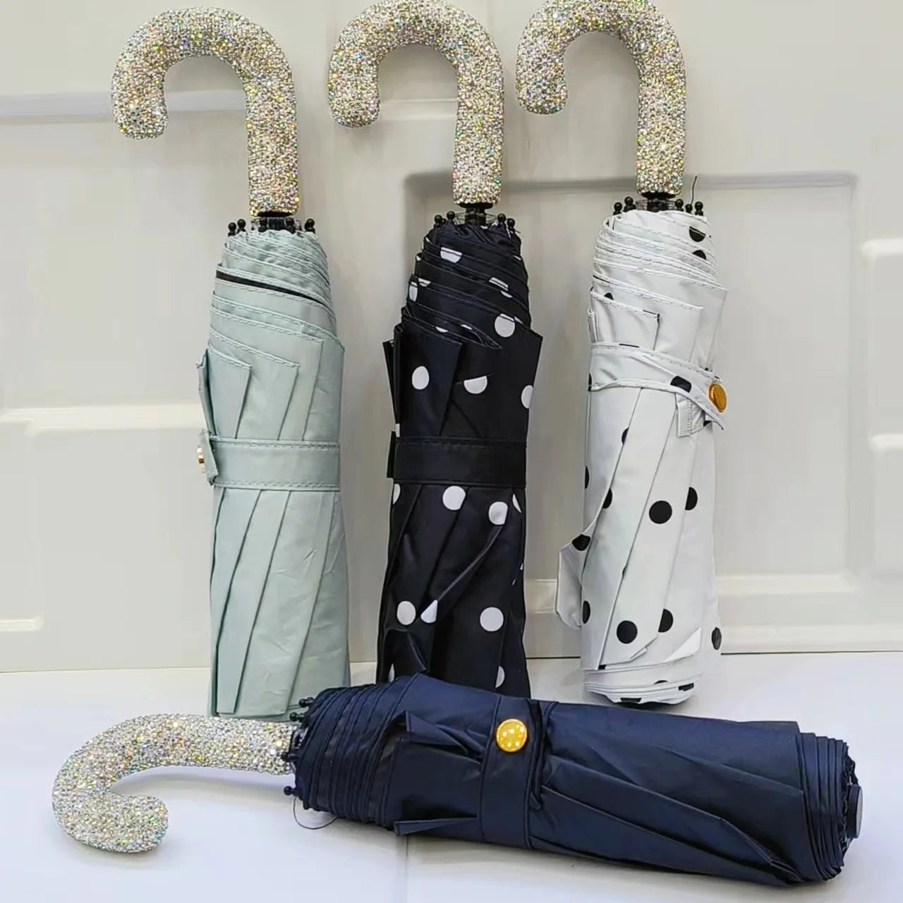 Bling Rhinestones Handle Sunshade Umbrella Women's Sunshine Rain Umbrella Portable Polka Dots Anti UV Folding Sun Umbrella