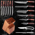 XITUO Kitchen Knife Set 15PCS With Wooden Block,Laser Damascus Pattern Steel Professional Chef Knife,With Scissor Sharpening Rod